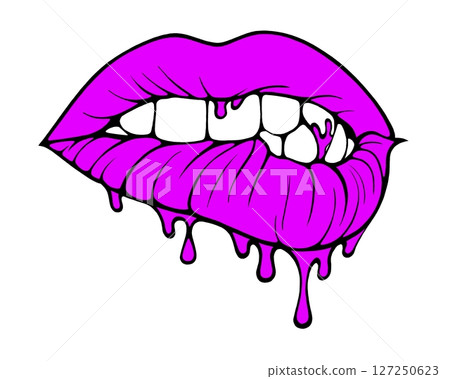 Linear drawing of lips with colored flowing lipstick . Dripping lipstick in comic book style. Linear drawing of lips with colored flowing lipstick . Dripping lipstick in comic book style. 127250623