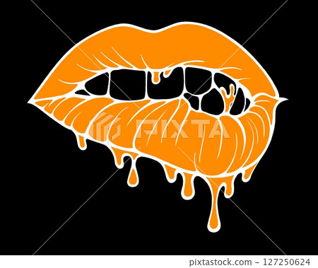 Linear drawing of lips with colored flowing lipstick . Dripping lipstick in comic book style. Linear drawing of lips with colored flowing lipstick . Dripping lipstick in comic book style. 127250624