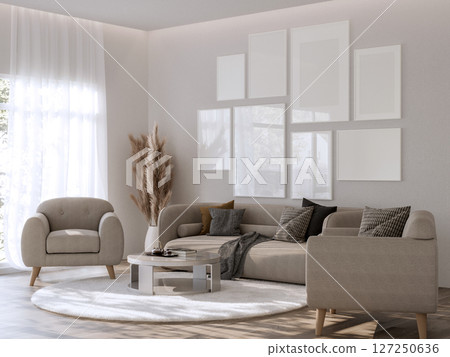 Living Room with Gallery Wall Frame Mockup Living Room with Gallery Wall Frame Mockup 127250636