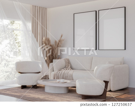 Bright & Modern Living Room with Blank Frame Mockup 127250637