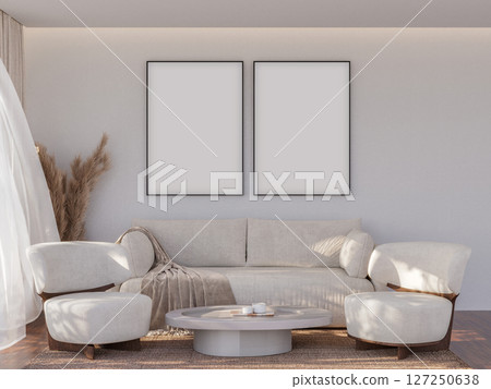Bright & Modern Living Room with Blank Frame Mockup 127250638