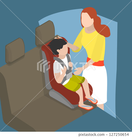 3D Isometric Flat Vector Illustration of Car Seat For Children, Mother Ensures Child Safety In Car Seat 127250654