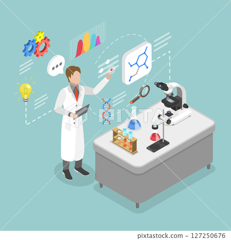 3D Isometric Flat Vector Illustration of Science Researching Lab, Scientist Using Virtual User Interface And Equipment 127250676