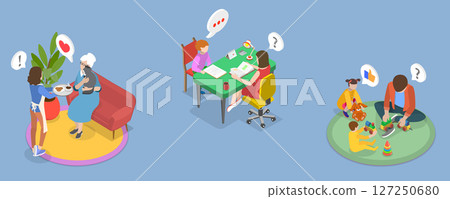 3D Isometric Flat Vector Illustration of Taking Care of Eldery and Kids, Scenes of Caregiver Services 127250680