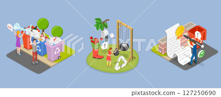 3D Isometric Flat Vector Illustration of Garbage Collection and Sorting, Waste Collection And Recycling Issues 127250690