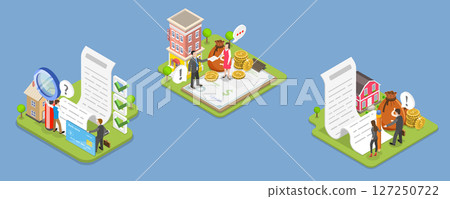 3D Isometric Flat Vector Illustration of Home Loan Agent Checking Credit History, Mortgage Broker Services 127250722