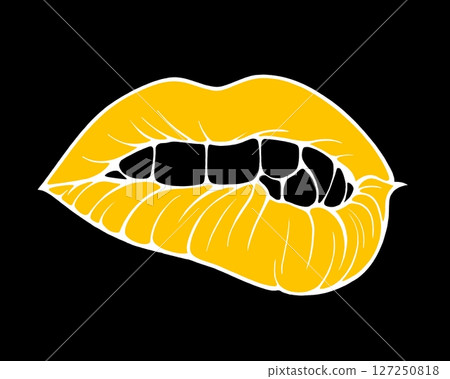 Linear drawing of lips with colored flowing lipstick . Dripping lipstick in comic book style. Linear drawing of lips with colored flowing lipstick . Dripping lipstick in comic book style. 127250818