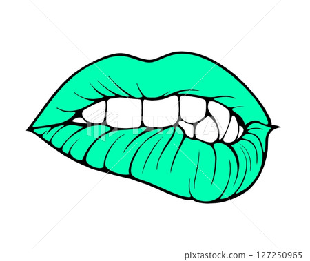 Linear drawing of lips with colored flowing lipstick in tattoo style and comic book style. 127250965