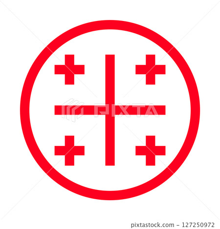 Round stamp with Georgian national flag colors and five-cross symbol, known as the Jerusalem cross. Perfect for logos, identity, culture, travel and traditional design themes Round stamp with Georgian national flag colors and five-cross symbol, known as the Jerusalem cross. Perfect for logos, identity, culture, travel and traditional design themes 127250972