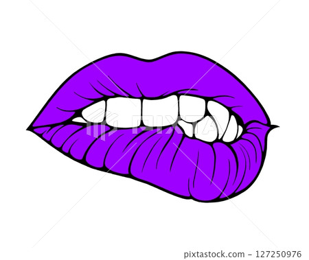 Linear drawing of lips with colored flowing lipstick in tattoo style and comic book style. 127250976