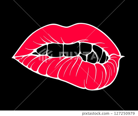 Linear drawing of lips with colored flowing lipstick in tattoo style and comic book style. 127250979