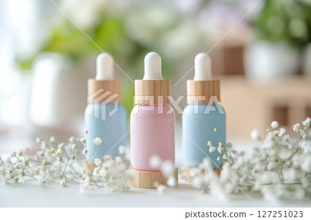 Essential Oil. Glass dropper bottles filled with fluid or serum, surrounded by small flowers. Herbal Medicine. Pump bottle, dispenser cosmetic containers set. Natural cosmetics. Beauty and wellness. Essential Oil. Glass dropper bottles filled with fluid or serum, surrounded by small flowers. Herbal Medicine. Pump bottle, dispenser cosmetic containers set. Natural cosmetics. Beauty and wellness. 127251023