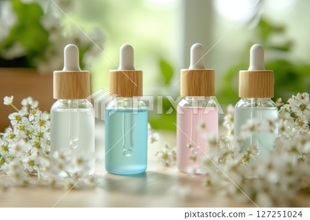 Essential Oil. Glass dropper bottles filled with fluid or serum, surrounded by small flowers. Herbal Medicine. Pump bottle, dispenser cosmetic containers set. Natural cosmetics. Beauty and wellness. Essential Oil. Glass dropper bottles filled with fluid or serum, surrounded by small flowers. Herbal Medicine. Pump bottle, dispenser cosmetic containers set. Natural cosmetics. Beauty and wellness. 127251024