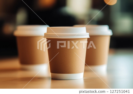 Front view of a Brown coffee paper cups. Mockup with lid. Set of craft paper cups for hot tea on cafe blurred background. Zero waste, plastic free. Disposable Recycled cups. Coffee to go. Street food. 127251041
