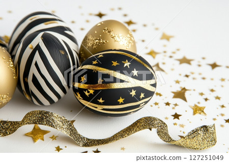 Gold, black decorated Easter eggs group, white solid background. Geometric pattern. Minimal Easter Card concept. Place for text. Stylish shiny golden egg decorative painted. Trendy Easter eggs poster Gold, black decorated Easter eggs group, white solid background. Geometric pattern. Minimal Easter Card concept. Place for text. Stylish shiny golden egg decorative painted. Trendy Easter eggs poster 127251049