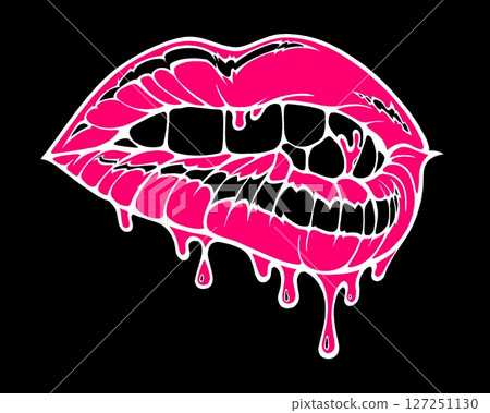 Linear drawing of lips with colored flowing lipstick in tattoo style and comic book style. Linear drawing of lips with colored flowing lipstick in tattoo style and comic book style. 127251130