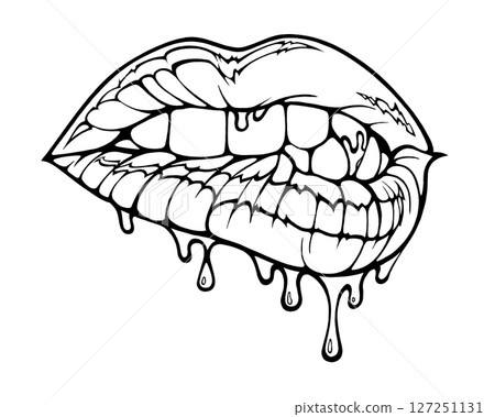 Linear drawing of lips with colored flowing lipstick in tattoo style and comic book style. 127251131