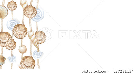 A horizontal frame with hand-drawn shell pendants. Watercolor illustration isolated on a white background. Home decor made of various seashells and jute cord. Marine theme. Empty space for insertion. A horizontal frame with hand-drawn shell pendants. Watercolor illustration isolated on a white background. Home decor made of various seashells and jute cord. Marine theme. Empty space for insertion. 127251134