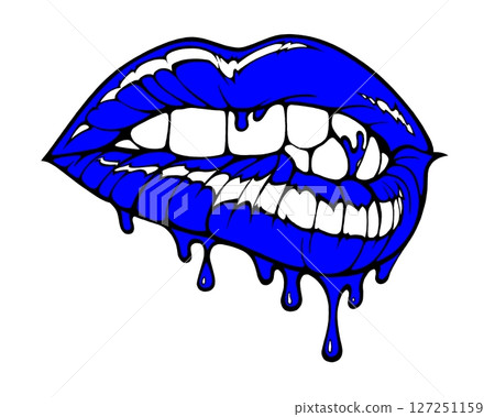 Linear drawing of lips with colored flowing lipstick . Dripping lipstick in comic book style. 127251159