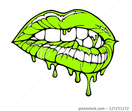 Linear drawing of lips with colored flowing lipstick . Dripping lipstick in comic book style. 127251172