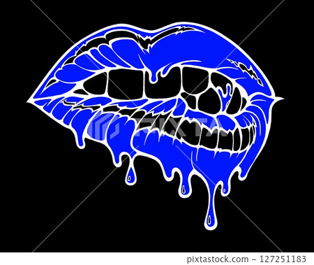 Linear drawing of lips with colored flowing lipstick . Dripping lipstick in comic book style. 127251183