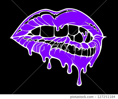 Linear drawing of lips with colored flowing lipstick . Dripping lipstick in comic book style. 127251184