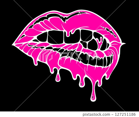 Linear drawing of lips with colored flowing lipstick . Dripping lipstick in comic book style. 127251186