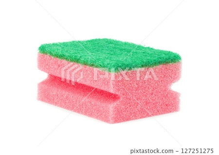 Multicolored sponges for cleaning, isolated on white background. Sponges for dishwashing 127251275