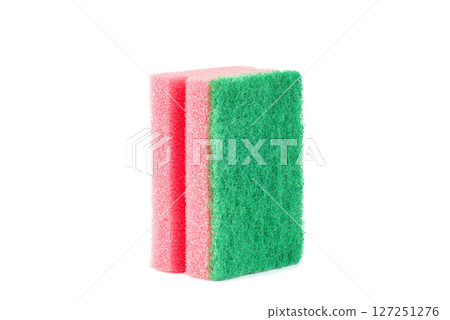 Multicolored sponges for cleaning, isolated on white background. Sponges for dishwashing 127251276