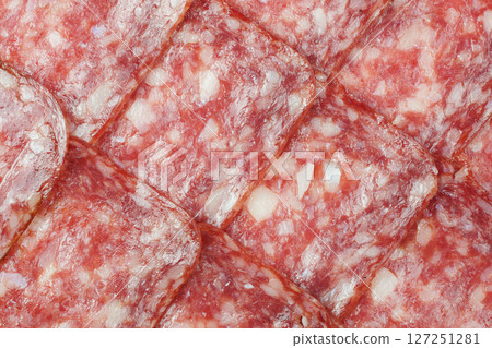 Sliced salami detail texture background Sliced salami detail texture background 127251281