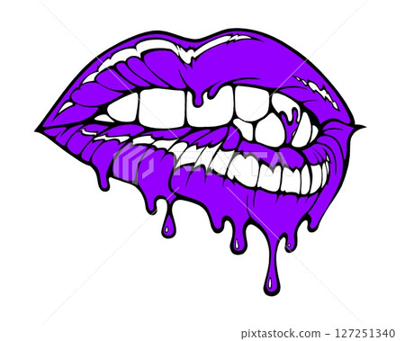Linear drawing of lips with colored flowing lipstick . Dripping lipstick in comic book style. 127251340