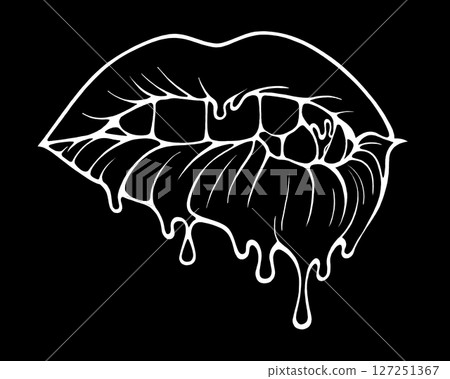 Linear drawing of lips with colored flowing lipstick . Dripping lipstick in comic book style. 127251367