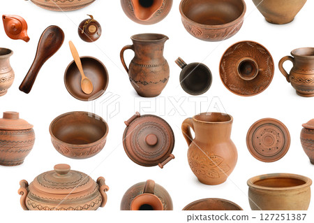 Various clay dishes from different angles isolated on white. Seamless pattern. Various clay dishes from different angles isolated on white. Seamless pattern. 127251387