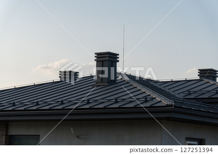 A contemporary house rooftop features sleek metal chimneys and angled panels, set against a bright sky during daytime hours 127251394