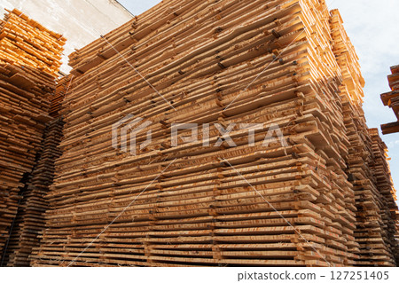Large piles of lumber are neatly stacked in a yard, showcasing various lengths and widths of wooden planks under a bright sky Large piles of lumber are neatly stacked in a yard, showcasing various lengths and widths of wooden planks under a bright sky 127251405