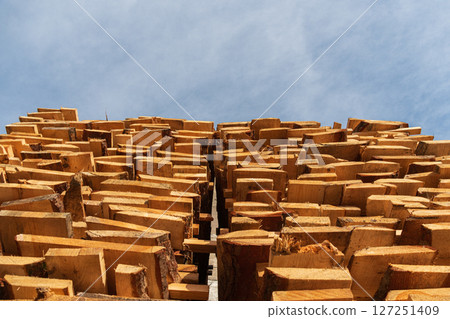 A close view of neatly arranged wood stacks showing various shapes and sizes in natural sunlight under a blue sky 127251409