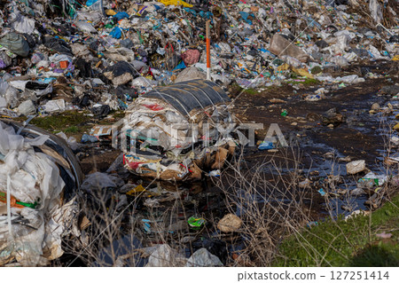Piles of plastic and garbage fill a landfill area, showcasing the ongoing struggle with pollution and environmental impact on ecology Piles of plastic and garbage fill a landfill area, showcasing the ongoing struggle with pollution and environmental impact on ecology 127251414