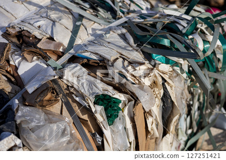Compressed garbage piles show major waste issues in landfills, emphasizing the need for better recycling efforts Compressed garbage piles show major waste issues in landfills, emphasizing the need for better recycling efforts 127251421