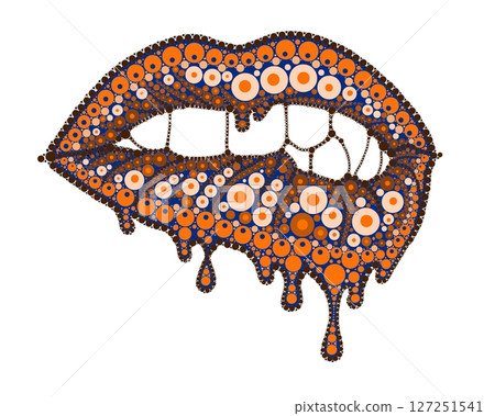 A drawing of lips with colored lipstick made of dots. Mandala-style dripping lipstick. 127251541