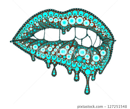 A drawing of lips with colored lipstick made of dots. Mandala-style dripping lipstick. A drawing of lips with colored lipstick made of dots. Mandala-style dripping lipstick. 127251548