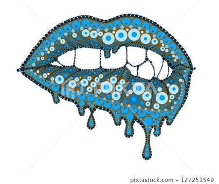 A drawing of lips with colored lipstick made of dots. Mandala-style dripping lipstick. A drawing of lips with colored lipstick made of dots. Mandala-style dripping lipstick. 127251549