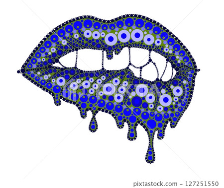 A drawing of lips with colored lipstick made of dots. Mandala-style dripping lipstick. A drawing of lips with colored lipstick made of dots. Mandala-style dripping lipstick. 127251550