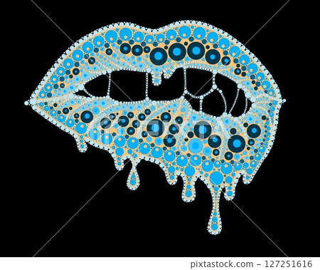 A drawing of lips with colored lipstick made of dots. Mandala-style dripping lipstick. A drawing of lips with colored lipstick made of dots. Mandala-style dripping lipstick. 127251616