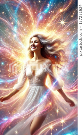 A beautiful woman in a white dress surrounded by an aura of joy 127251624