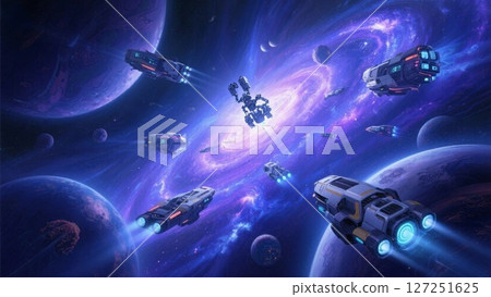 A space landscape with spaceships flying around, giving a futuristic feel A space landscape with spaceships flying around, giving a futuristic feel 127251625