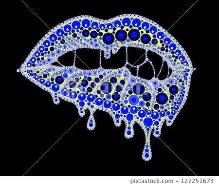 A drawing of lips with colored lipstick made of dots. Mandala-style dripping lipstick. A drawing of lips with colored lipstick made of dots. Mandala-style dripping lipstick. 127251673