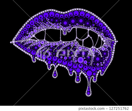 A drawing of lips with colored lipstick made of dots. Mandala-style dripping lipstick. 127251762