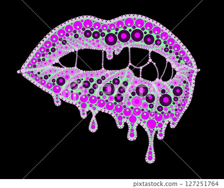 A drawing of lips with colored lipstick made of dots. Mandala-style dripping lipstick. A drawing of lips with colored lipstick made of dots. Mandala-style dripping lipstick. 127251764