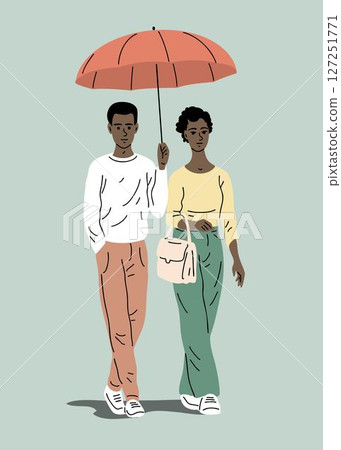 Young couple walking under rain umbrella 127251771
