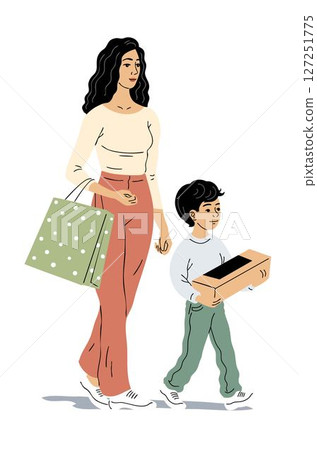 Mother and little son go shopping 127251775